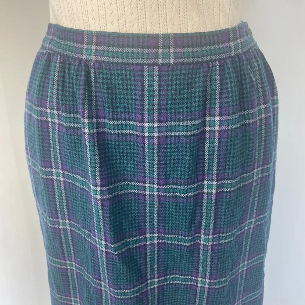 Vintage Pendleton Pencil Skirt Size 12 Blue Purple Tartan Plaid Wool Academia